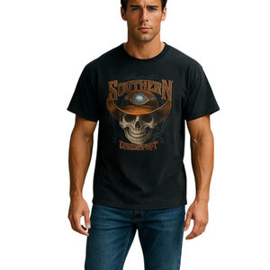 Vintage 90s Southern Discomfort T-Shirt Mens XL Black Skull Graphic Biker Cowboy